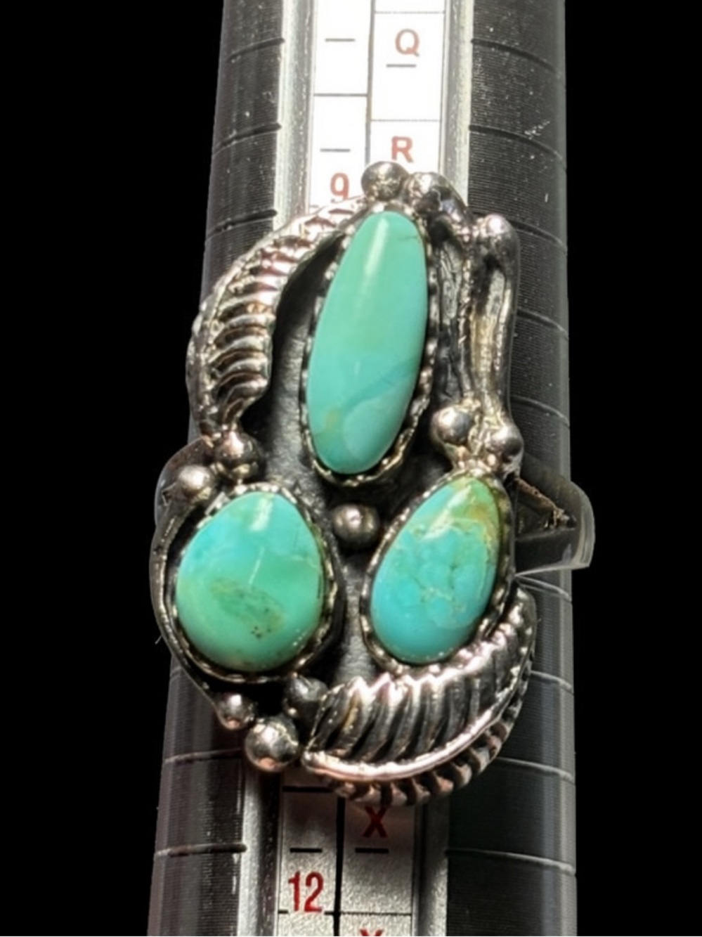 Turquoise Triple-Stone Silver Ring. Size 10.5 - Picture 3 of 6